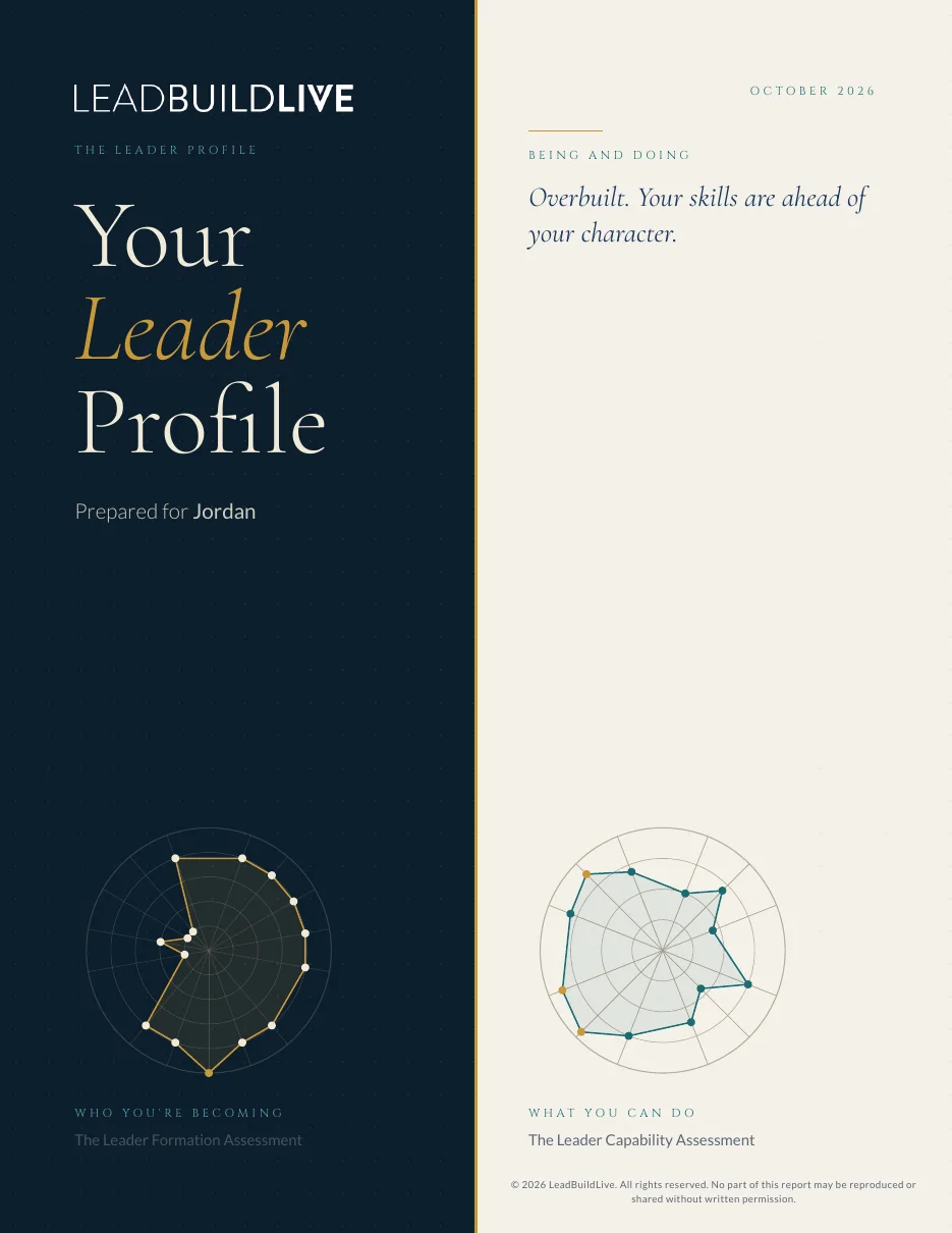 Cover of a sample Leader Profile, navy on the left and cream on the right